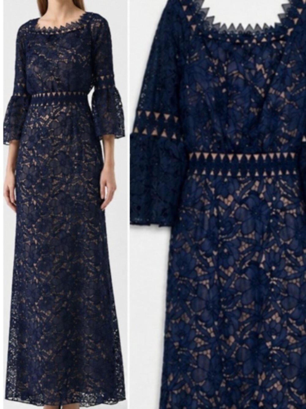 NWT Tadashi Shoji off-the-shoulder Floral Lace gown navy nude size 10 AXS17132L